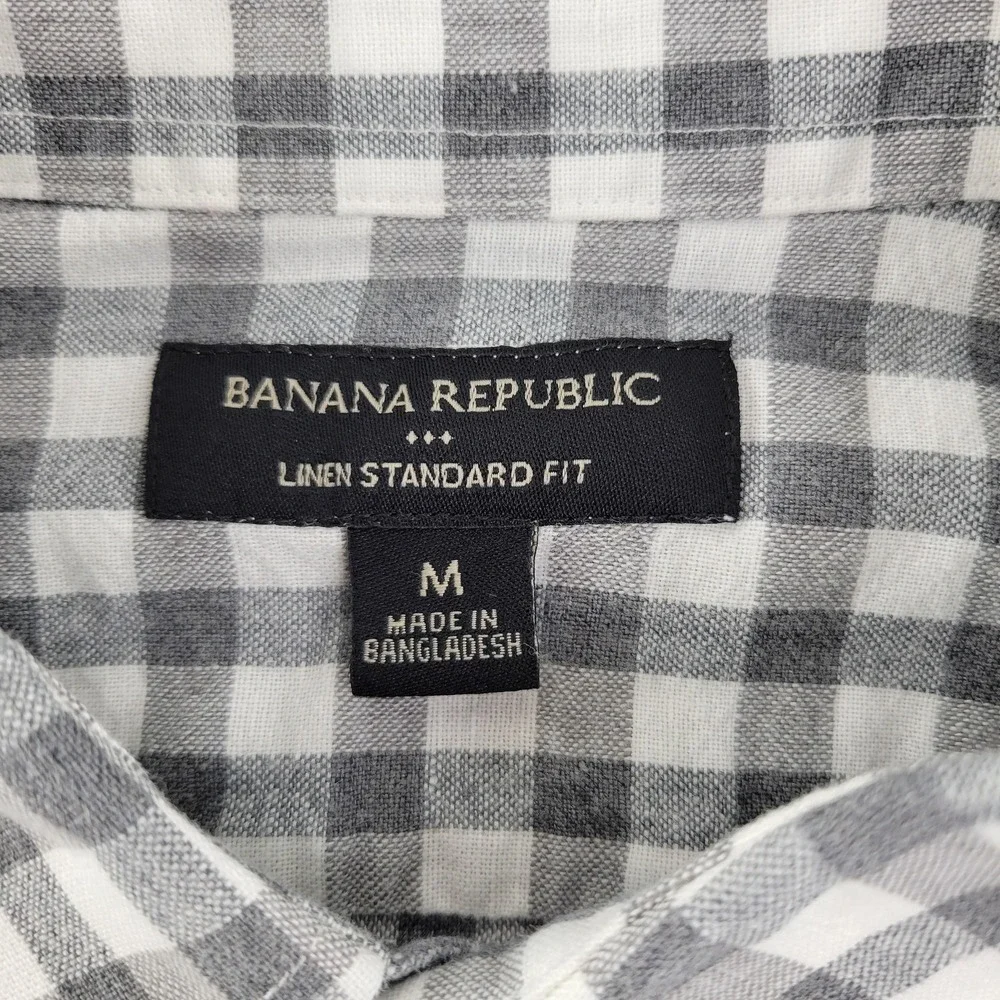 Banana Republic Shirt Mens M Gray Check Long Sleeve Linen Button Up Casual